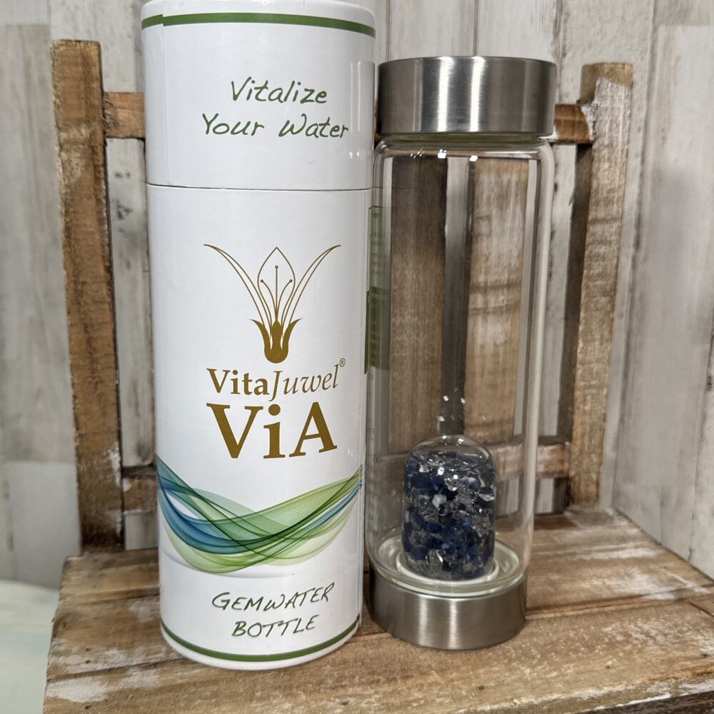 VitaJuwel Via GemWater Glass Bottle Sodalite & Clear Quartz BALANCE 16.9 Oz